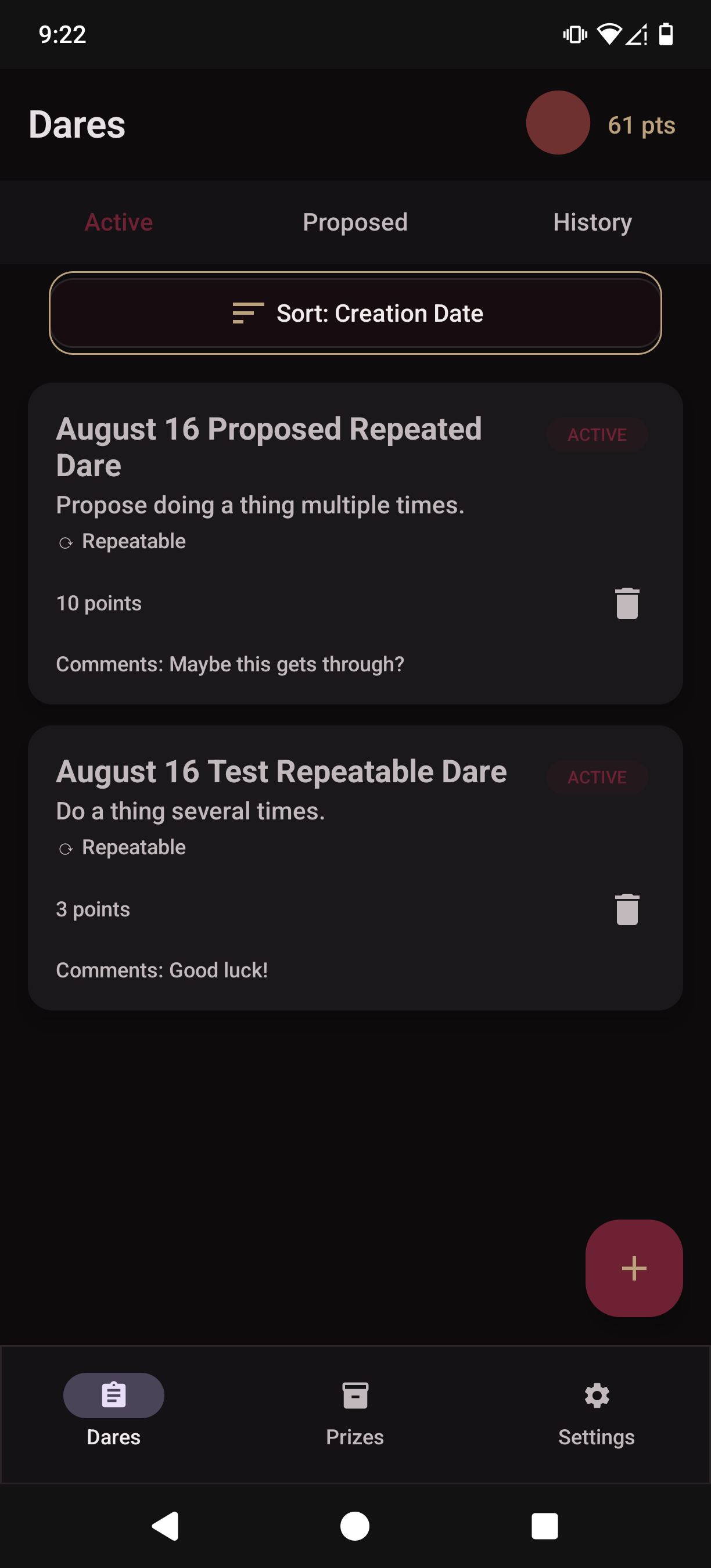 A screenshot of an android screen showing an application for repeatable tasks, in black and dark red themes, with buttons for Prizes, Dares and Settings.